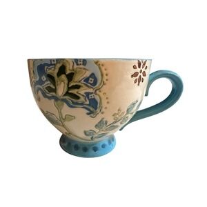 Tabletops Gallery Karen Floral Footed Teacup Coffee Mug Blue Cream Brown Ceramic